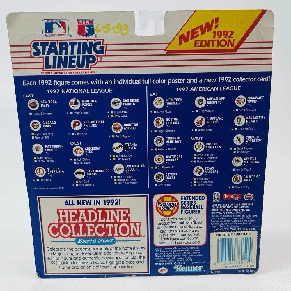 1992 Starting Lineup David Justice Atlanta Braves Action Figure Kenner MLB card